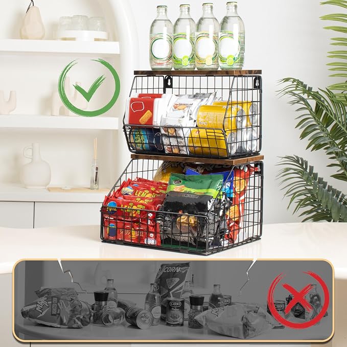 Mefirt Fruit Basket, Stackable Wall Mounted Fruit Baskets, Potato Baskets Onion Storage for Kitchen, Hanging Wire Basket with Wood Lid, 2-Tier Vegetable Organizer Kitchen Countertop Organization | Hanging Potato Basket Wire Basket with Wood Lid, 2-Tier... - Image 7