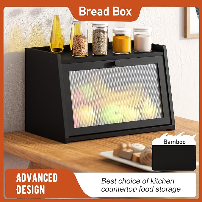GHWIE Large Bread Box, Easy Access & Cleaning - Bamboo Bread Box for Kitchen Countertop with Acrylic Door (Black, Medium) - Image 2
