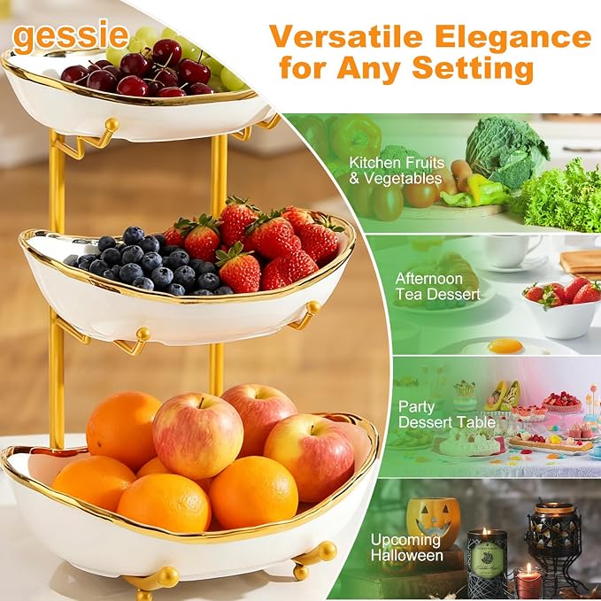 3 Tier Fruit Bowl for Kitchen Counter,Ceramic Bowl with Metal Stand,3 Tier Fruit Basket for Vegetable Bread Candy Snack Nuts Dessert Cake Tray (White Bowl Gold Rack) - Image 6