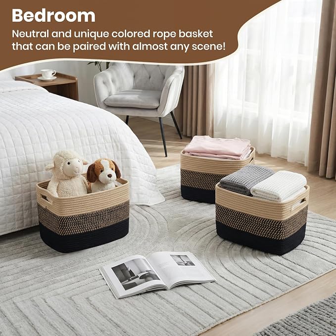Storage Baskets for Organizing, 14 x 10 x 9” Closet Shelf Woven Baskets, Square Bins with Handles, Cotton Rope Basket for Clothes, Office, Room, Black+Brown 4 Pack - Image 5