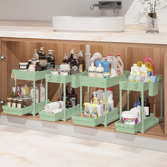4-Pack 2-Tier Under Sink Organizer with Pull Out Drawers | Multi-use kitchen & bathroom storage. Includes hanging hooks and cups. Green, space-saving cabinet design. 14.8 Inch by Sevenblue