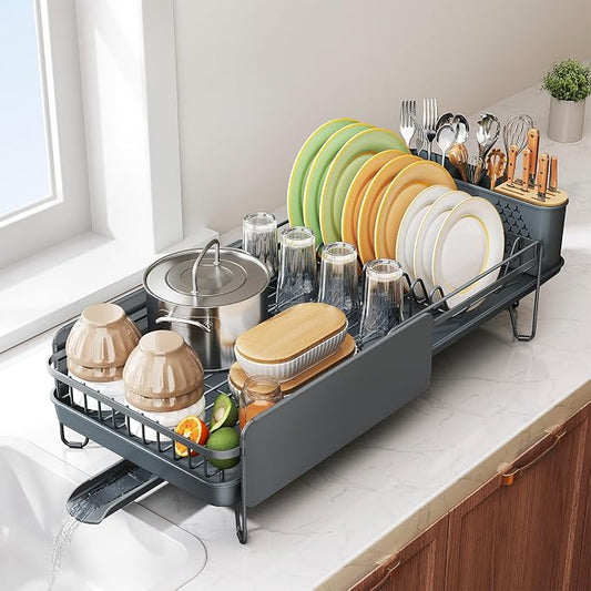SNTD Large Dish Drying Rack for Kitchen Counter, Expandable, Grey | Stainless Steel Dish Drainer, Adjustable Length 18.9''-29.3'', Automatic Drainage, 360° Spout, Cutlery Holder with Knife Slot by SNTD