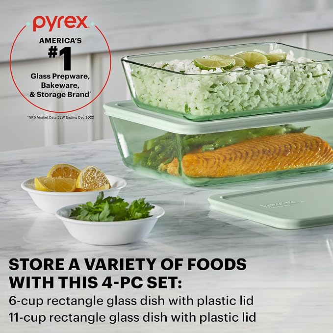 Pyrex Colors Tinted (4-PC) Large Rectangular Food Storage Container Set, Snug Fit Non-Toxic Plastic BPA-Free Lids, Freezer Dishwasher Microwave Safe, 6 Cup & 11 Cup - Image 2