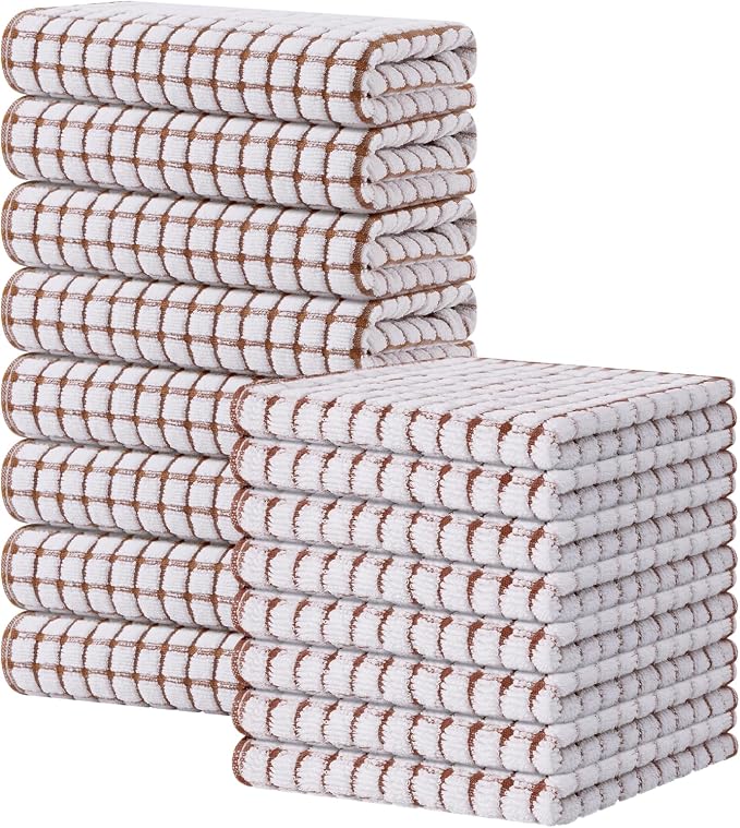 Kitinjoy Cotton 16 Pack Kitchen Towels and Dishcloths Sets, Brown | 16 x 25 Inch & 12 X 12 Inch Dish Towels Bulk, Super Soft and Absorbent hand towels for kitchen Drying by Kitinjoy