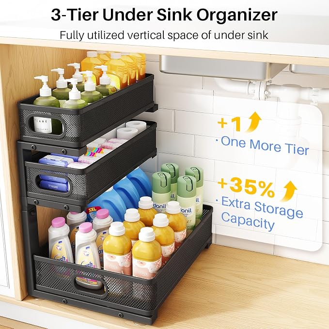 Under Sink Organizer, 3-Tier Thickened Metal Pull out Cabinet Organizer Shelf, Height Adjustable Slide out Storage Drawer Rack for Kitchen Bathroom Pantry Laundry Home Organization, 1-Pack, Black | 35% Extra Storage Capacity, Carbon Steel, Hold Up 55lb... - Image 3