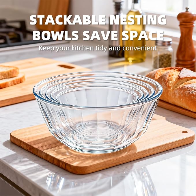 Luvan 5-Piece Glass Mixing Bowls Set with Lids - Clear Salad Bowls with Lids Set, Diamond Pattern Large Glass Mixing Bowl for Baking Prep, Serving & Storage - Image 5