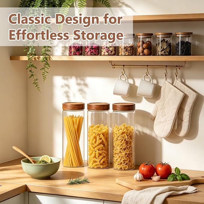 KEYWING 64oz Pasta Storage Containers with Lids, Glass Spaghetti Containers | 3Pcs 11.4” Tall Food Storage Jars with Airtight Acacia Wood Lid, Pantry Organizers for Cereal, Bread-sticks, with 126 Labels - Image 5