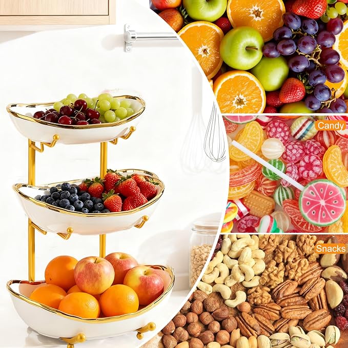 3 Tier Fruit Bowl for Kitchen Counter,Ceramic Bowl with Metal Stand,3 Tier Fruit Basket for Vegetable Bread Candy Snack Nuts Dessert Cake Tray (White Bowl Gold Rack) - Image 3