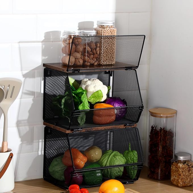 Teenyyou 2 Pcs Stackable Mesh Fruit Basket with Lid Wall Produce Vegetable Storage Basket Onion Potato Hanging Metal Wire Container for Kitchen Counter Pantry(Non-removable,Black,7.1" w & 11.8" l) - Image 2