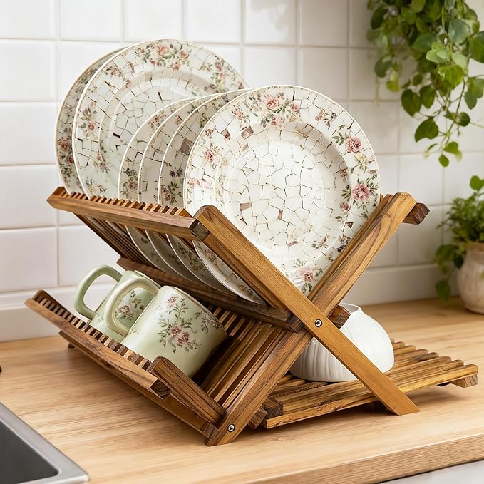 Utoplike Large Teak Dish Drying Rack, Wood Collapsible Organizer for Plates | 3 Tier Kitchen Dish Draine for Countertop, for Pasta Plates, Cups, Pots - Image 6