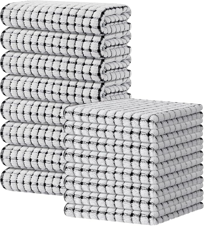 Kitinjoy Cotton 16 Pack Kitchen Towels and Dishcloths Sets, Black | 16 x 25 Inch & 12 X 12 Inch Dish Towels Bulk, Super Soft and Absorbent hand towels for kitchen Drying by Kitinjoy