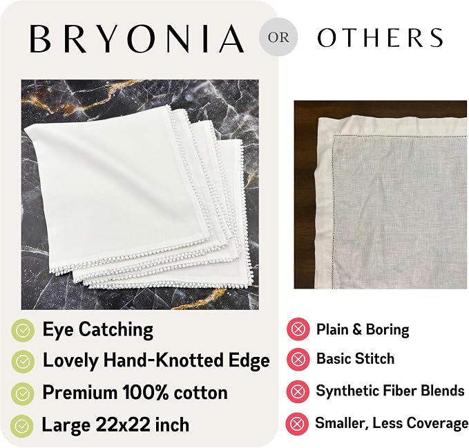 Cotton Napkins with Hand-Knotted Trim, Set of 4 – Lovely Reusable Large Cloth Napkins for Dining, Weddings, Summer, Birthday Gift, 22 x 22 Inch, White - Image 3