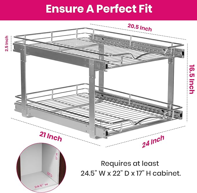 2-Tier Pull-Out Cabinet Organizer for Kitchen, 24" W x 21”D x 16.5" H | Full-Extension Sliding Shelves, Holds 100 lbs, Easy Install for Kitchen, Pantry & Under Sink Cabinets - Image 3