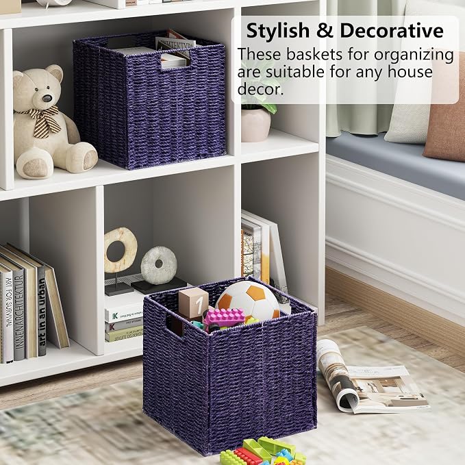 Wicker Storage Basket, Set of 2 Hand-Woven Paper Rope Wicker Basket, Foldable Cube Storage Bins, Square Large Storage Baskets for Organizing Shelves, Decor, Orange (13″×13″×13″) - Image 5