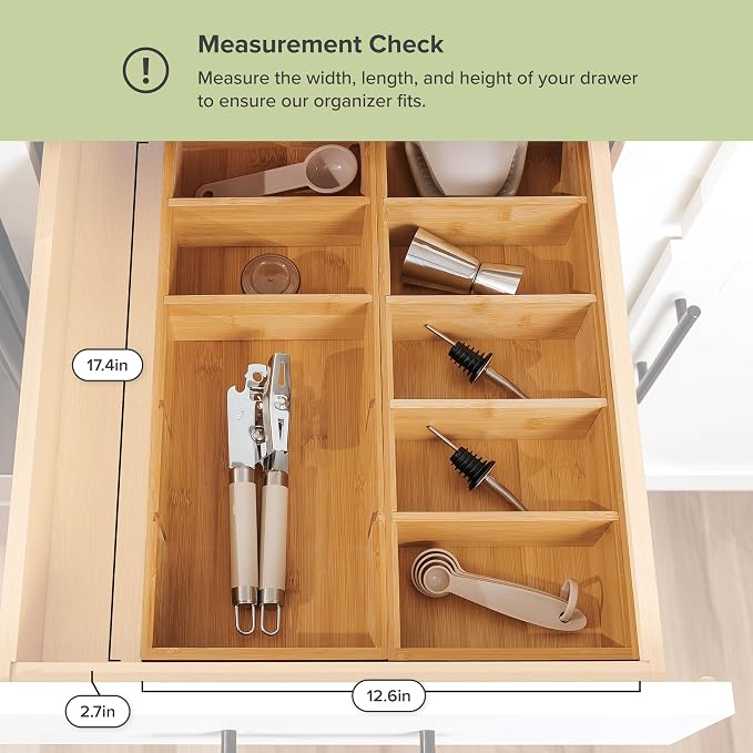 Utensil & Junk Drawer Organizer, Small, 2 Pack, Bamboo | 5-compartment design, 4 removable dividers, non-slip feet, sustainable bamboo - Image 4