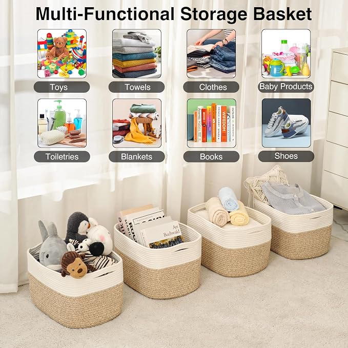 ICERZCZ Storage Baskets for Organizing & Shelves, Woven Cotton Rope Organization Bins for Dog Toys, Clothes, Books, Nursery Organizer, 15"Lx11''Wx9.5''H, (4 Packs) Off White & Brown - Image 4