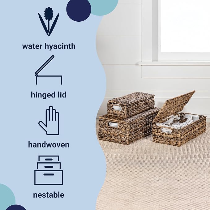 happimess Sandrine 3-Piece Hyacinth Storage Baskets with Lids, Brown | Handwoven Seagrass Wicker, Farmhouse Nesting Containers with Handles, Iron Metal Frame, Decorative Organizer Bins - Image 3