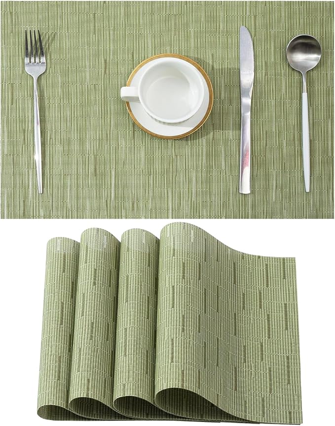 Leetaltree Pea Green Placemats Set of 4 - Heat Resistant Non-Slip Place mats for Dining Table, Washable Durable PVC Vinyl Woven Table Mats（Pea Green, 4） by Leetaltree-ArtatEveryTable