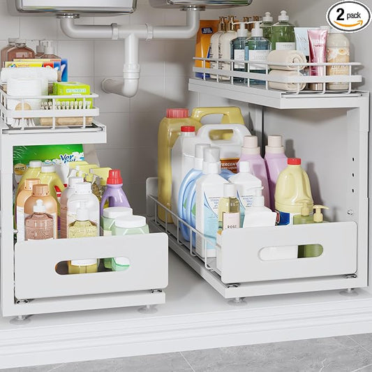 Under Sink Organizer Upgrade To Professional Rails,2-Tier Dual Pull Out Cabinet Storage,Height Adjustable Slide Out Drawers For Bathroom Kitchen,2 Pack-18.5"Dx12.8"-16.9"H,White by UnderSinkOrganizer