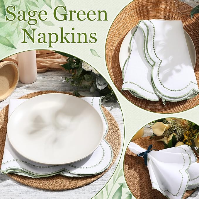Hahafelt Cloth Napkins 18x18inches Scalloped Embroidery Cloth Napkins Washable Polyester Table Dinner for Hotel Restaurant Weddings Events Parties(Sage Green,24 Set) - Image 3