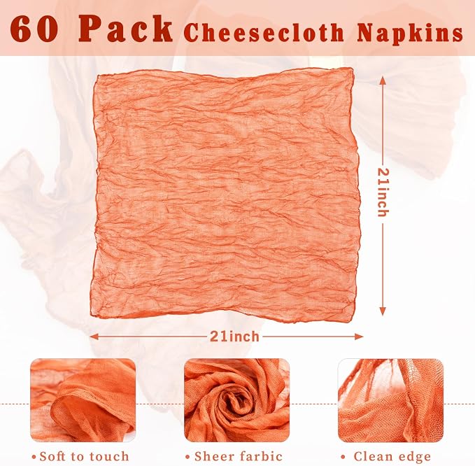 60 Pack Orange Cheesecloth Napkins 21x21 Inches Orange Cloth Napkins Set of 60 Washable Dinner Table Napkins for Wedding Bridal Baby Shower Rustic Boho Cotton Gauze Family Party Table Decor - Image 3