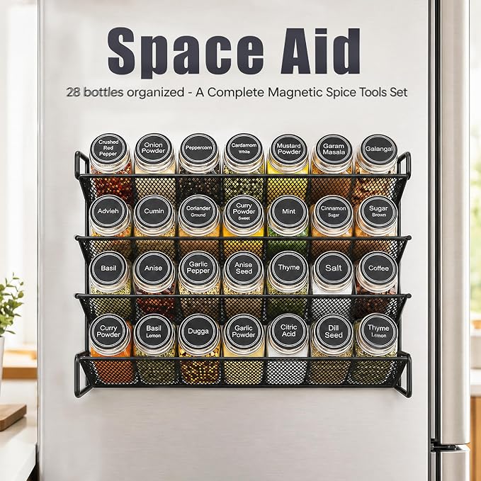 Magnetic Spice Rack Organizer for Refrigerator with 28 Spice Jars, 386 Spice Labels, 4 Hook, Chalk Marker and Funnel Set, Magnetic Shelf for Seasoning Organizer, 13.2'' W x 9.8 H, Black - Image 3