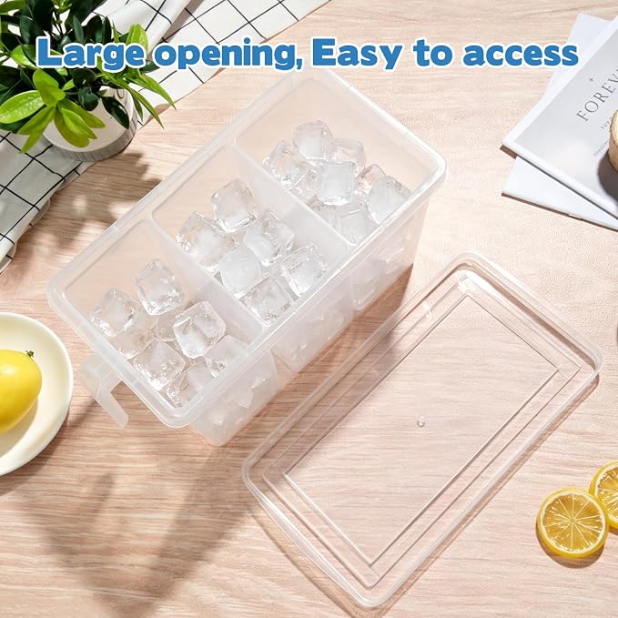 CIEOVO 2 Set 3 Divided Ice Bin for Freezer with Lid and 2 Scoop Set Plastic Freezer Ice Bin with Pull-Out Handle Clear Storage Bucket Kitchen Food Storage Organizer for Home Office Fridge Kitchen - Image 4