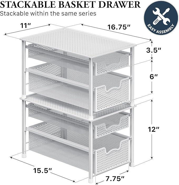 Simple Houseware Stackable 2 Tier Sliding Basket Organizer Drawer, White - Image 2