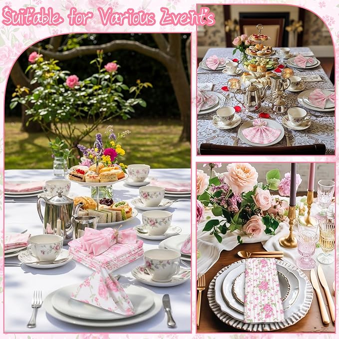 12 Pcs Floral Cloth Napkins 6 Patterns Washable Dinner Tea Party Napkins Reusable Plant Flowers Square Napkin Cotton Towel Decorative for Summer Wildflower Party(Pink Flowers) - Image 6