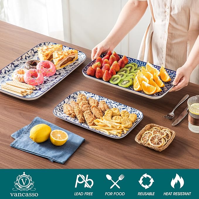 vancasso Serving Platters Set of 3, 16"/14"/12" Inch Rectangular Trays + Ceramic Mixing Bowls with Lids Set of 4,Ceramic Serving Bowls,Nesting Bowls for Food Storage - Image 2