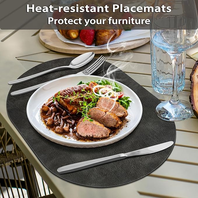 ADRIMER Placemats, Heat Resistant Oval Placemats Set of 6 Washable 12 x 17 Inch, Waterproof Table Mats, Wipeable Pu Place Mats for Kitchen, Dark Grey - Image 2