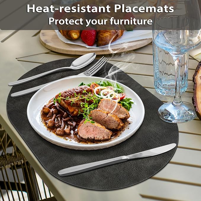 ADRIMER Placemats, Heat Resistant Oval Placemats Set of 8 Washable 12 x 17 Inch, Waterproof Table Mats, Wipeable Pu Place Mats for Kitchen, Dark Grey - Image 2