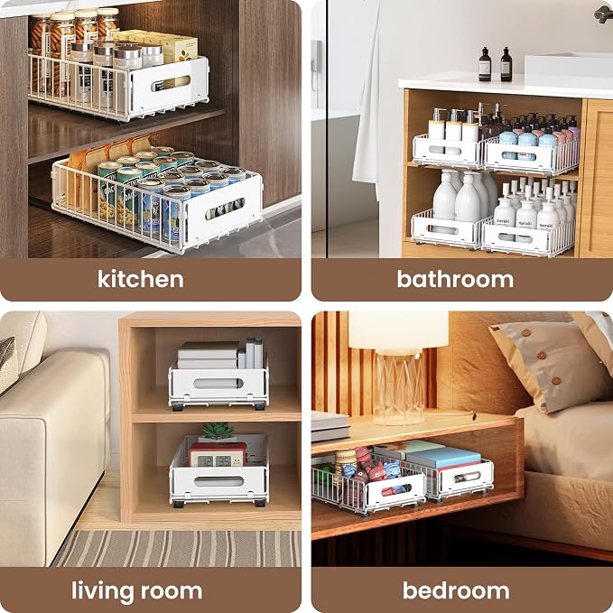 4 Pack Pull Out Cabinet Organizer, Heavy Duty Slide Out Drawer with No Drill Adhesive or Screw Mount, Carbon Steel Roll Out Shelf for Kitchen Cabinet, Pantry & Bathroom Storage - Image 7