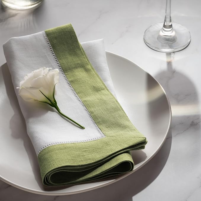 Linen Napkins 20 x 20 inch - 100% Pure Linen White and Olive Green Dinner Napkins Set of 4 - Hemstitch Napkins Cloth Washable for Fall and Thanksgiving Decor - Image 4