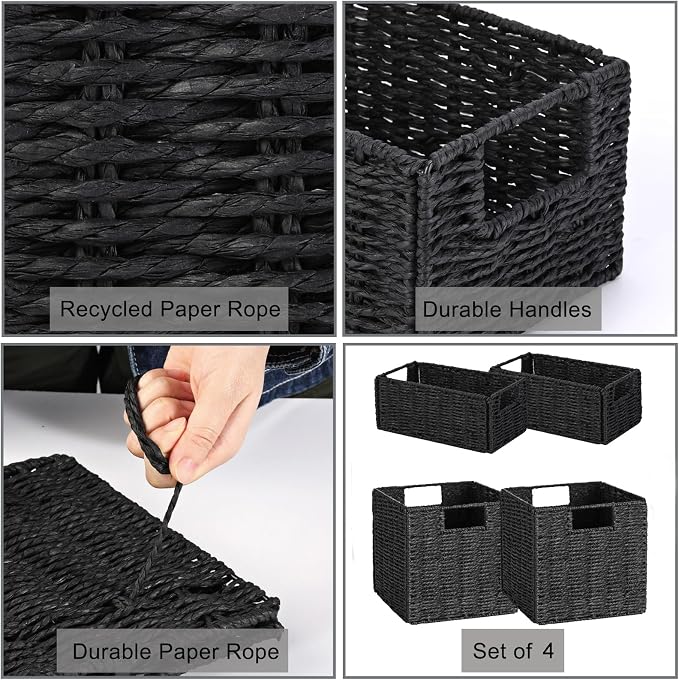 Wicker Baskets for Storage, Set of 4 Hand-Woven Storage Baskets for Shelves, Foldable Cube Storage Baskets Bins with Handles, Small Wicker Baskets for Organizing Pantry Bedroom, Black - Image 2