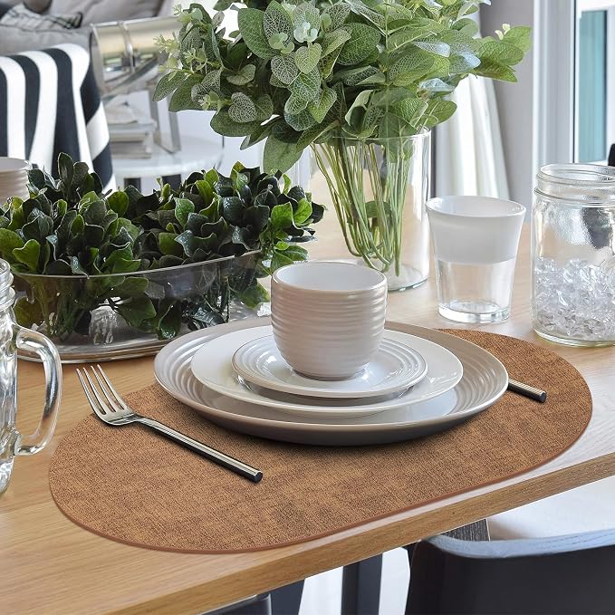 Placemats Set of 6 - Washable Heat Resistant Table Placemats - Wipeable Faux Leather Oval Place Mats, Waterproof Table Mats for Dining Table, Brown - Image 2