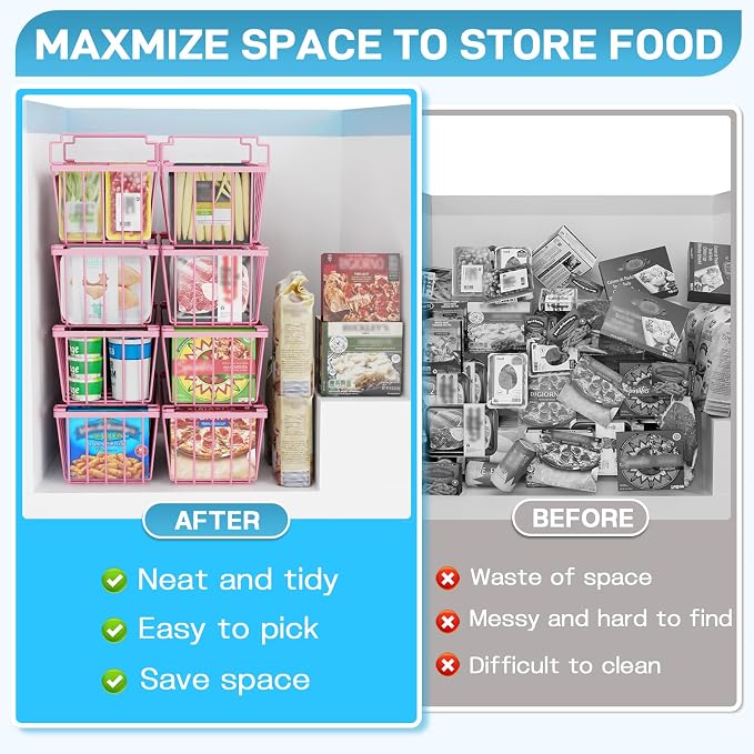 SUNALLY Freezer Organizer Bins, 8 Pack Stackable Pantry Storage Bins, Pink | Chest Freezer Organizer for 5-7 Cu.FT Deep Freezer to Sort Frozen Meats & Food, Wire Baskets for Pantry Organizers & Storage - Image 5