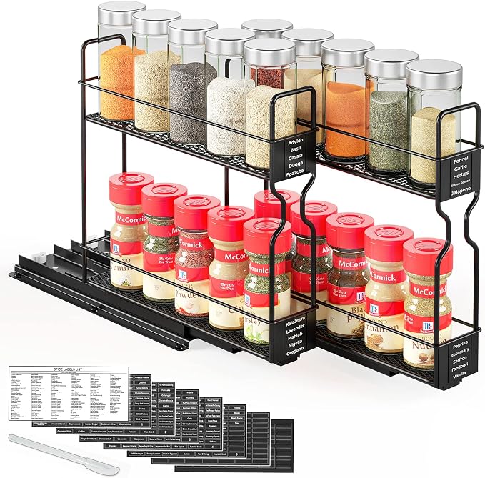 SpaceAid Pull Out Spice Rack Organizer for Cabinet, Heavy Duty Slide Out Seasoning Kitchen Organizer, Cabinet Organizer, with Labels, 5.2" W x10.75 D x10 H, 2 Drawers 2-Tier by SpaceAid