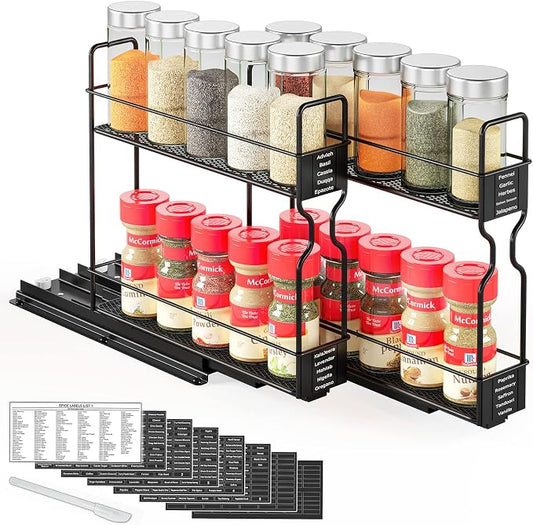 SpaceAid Pull Out Spice Rack Organizer for Cabinet, Heavy Duty Slide Out Seasoning Kitchen Organizer, Cabinet Organizer, with Labels, 5.2" W x10.75 D x10 H, 2 Drawers 2-Tier by SpaceAid