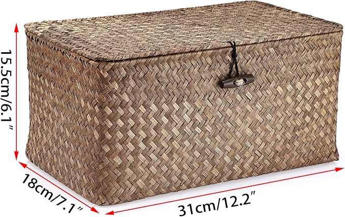 Hipiwe Wicker Shelf Baskets Storage Bin with Lid Handwoven Seagrass Basket | Rectangular Household Basket Boxes for Shelf Wardrobe Home Organizer, Coffee Medium - Image 4