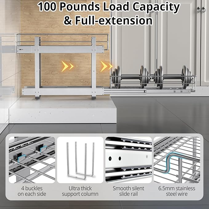 ZOINLIY Pull Out Cabinet Organizer,Slide Out Kitchen Organizers and Storage | Heavy Duty Drawer Cupboard Storage Basket, Smooth Sliding, Chrome Finish - Image 5