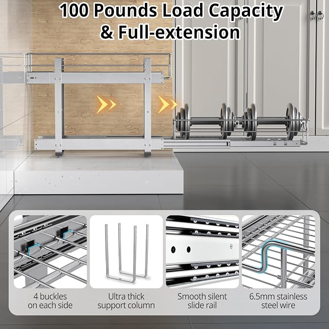 ZOINLIY Pull Out Cabinet Organizer,Slide Out Kitchen Organizers and Storage | Heavy Duty Drawer Cupboard Storage Basket, Smooth Sliding, Chrome Finish - Image 5