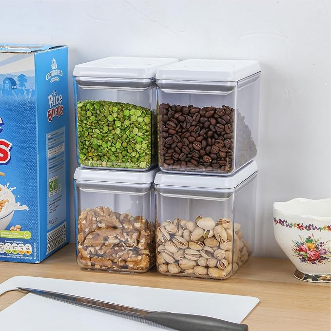 Set of 4 Airtight 1L Food Storage Containers, Stackable BPA-Free Kitchen Pantry Organiser with Pop-Up Lid, Clear Plastic Bins for Dry Food, Cereal, Snacks, and Baking Supplies - Image 2