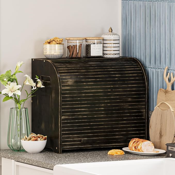 Trironsun Bamboo Roll Top Bread Box for Kitchen Countertop Large Capacity Bread Storage Bin 2 Layer Wooden Bread Storage Organizer Natural Breadbox for Food Storage (Antique Black) - Image 3