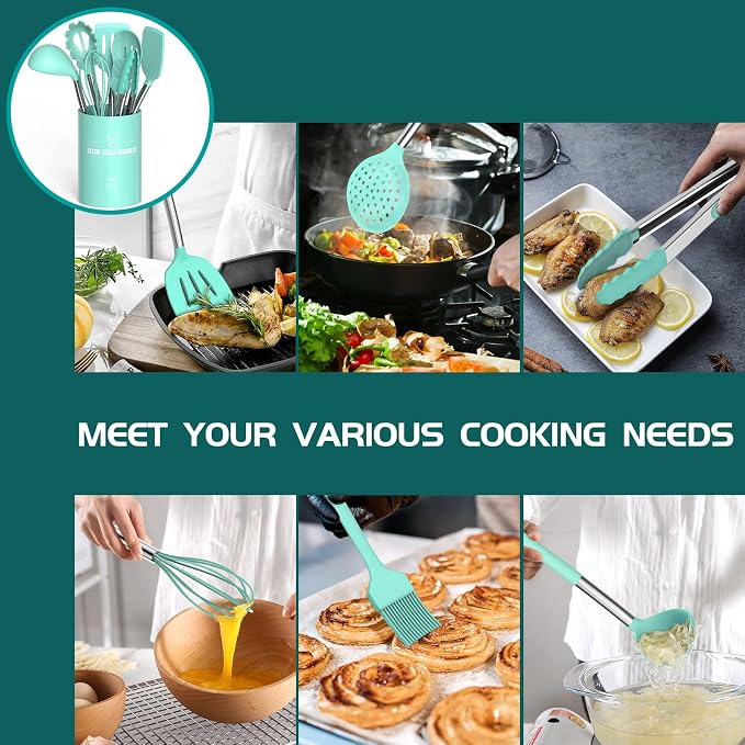 Silicone Cooking Utensil Set, Umite Chef 15pcs Silicone Cooking Kitchen Utensils Set, Non-stick - Best Kitchen Cookware with Stainless Steel Handle - Green - Image 4