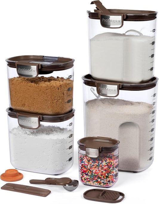 ProKeeper+ Airtight Food Storage Container Set – Clear Plastic Flour and Sugar Canister Set with Magnetic Accessories for Kitchen Organization (Brown, 9-Piece) by Unknown
