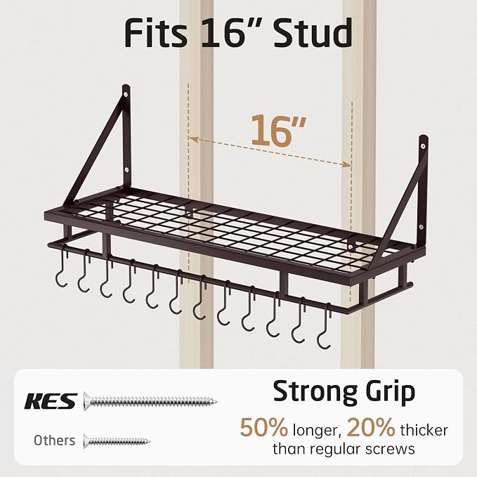 KES 30-Inch Wall Pot Rack, Oil Bronze, 88lb Capacity, 12 Hooks, Farmhouse | Carbon Steel Construction, Reinforced Grid Shelf, Stud Mounting, 12 S-Hooks, Rust-Resistant, Indoor Kitchen Organizer - Image 7