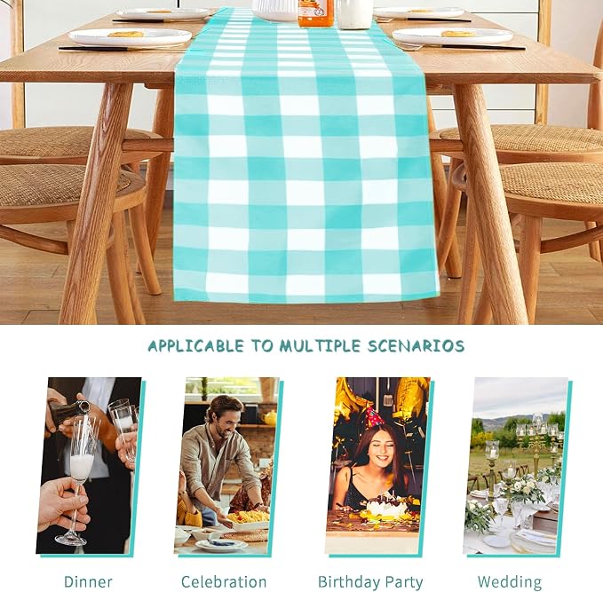 Cupuamon Fabric Checkered Table Runner 6 Pack Waterproof Gingham Table Runner 14W x 108L Buffalo Check Table Runners for Parties Kitchen Dining Wedding Banquet (Aqua and White) - Image 3