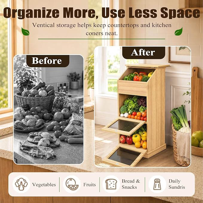 Potato and Onion Storage Bin with Lid, 3-Tier Vegetable Storage, Wooden Rustic Bread Box Cabinet for Fruit and Vegetable, Food Storage Containers Cabinet for Kitchen Pantry (Oak) - Image 6