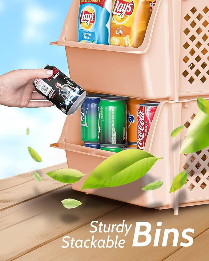 Skywin Stackable Storage Bins Open Front for Pantry Storage, 4 Pack - Cream | Sturdy Plastic, Easy Stacking, Open Front Access, Ventilated Sides, Vertical & Space Saving Pantry Organizers and Storage Bin - Image 6